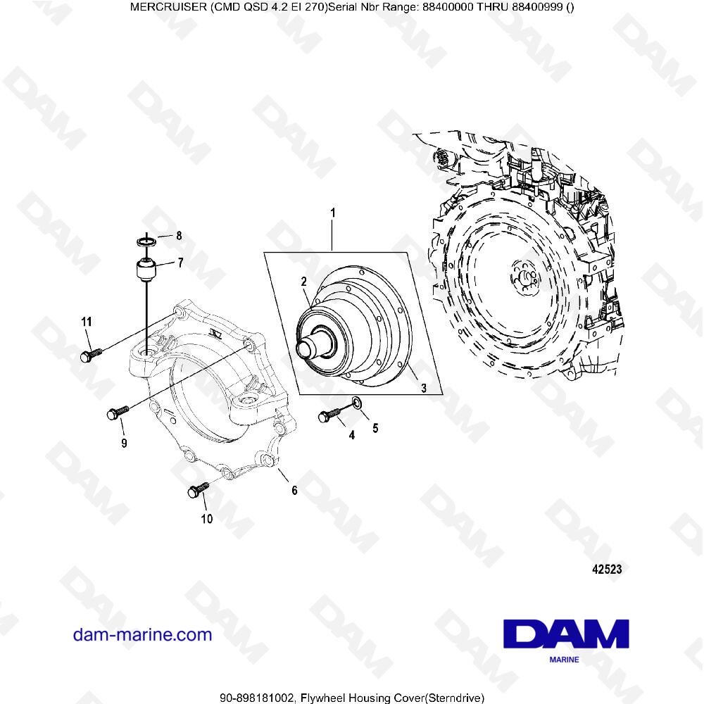 Vue éclatée COUVERCLE DE CARTER DE VOLANT MOTEUR (ENTRAÎNEMENT HORS-SORTIE) pour moteur MERCRUISER CMD QSD 4.2 EI 270
