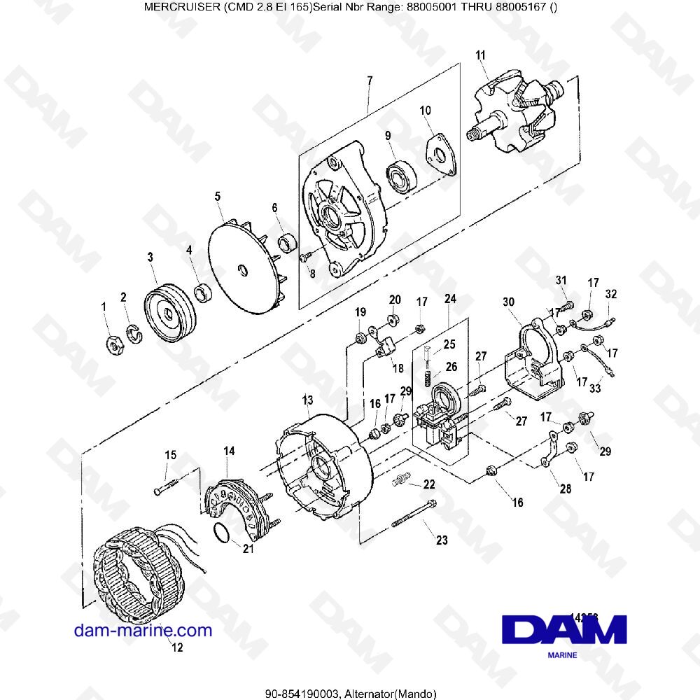 Vue éclatée ALTERNATOR (MANDO) pour moteur MERCRUISER CMD QSD 2.8 EI 165
