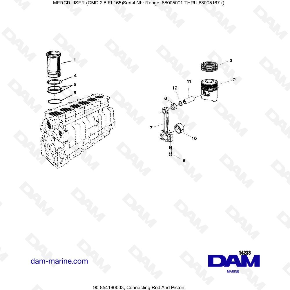 Vue éclatée CONNECTING ROD AND PISTON pour moteur MERCRUISER CMD QSD 2.8 EI 165