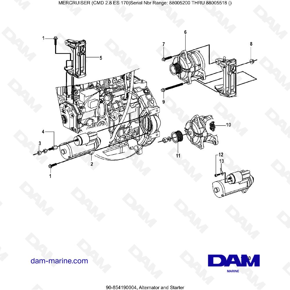 Vue éclatée ALTERNATOR AND STARTER pour moteur MERCRUISER CMD 2.8 EI 170