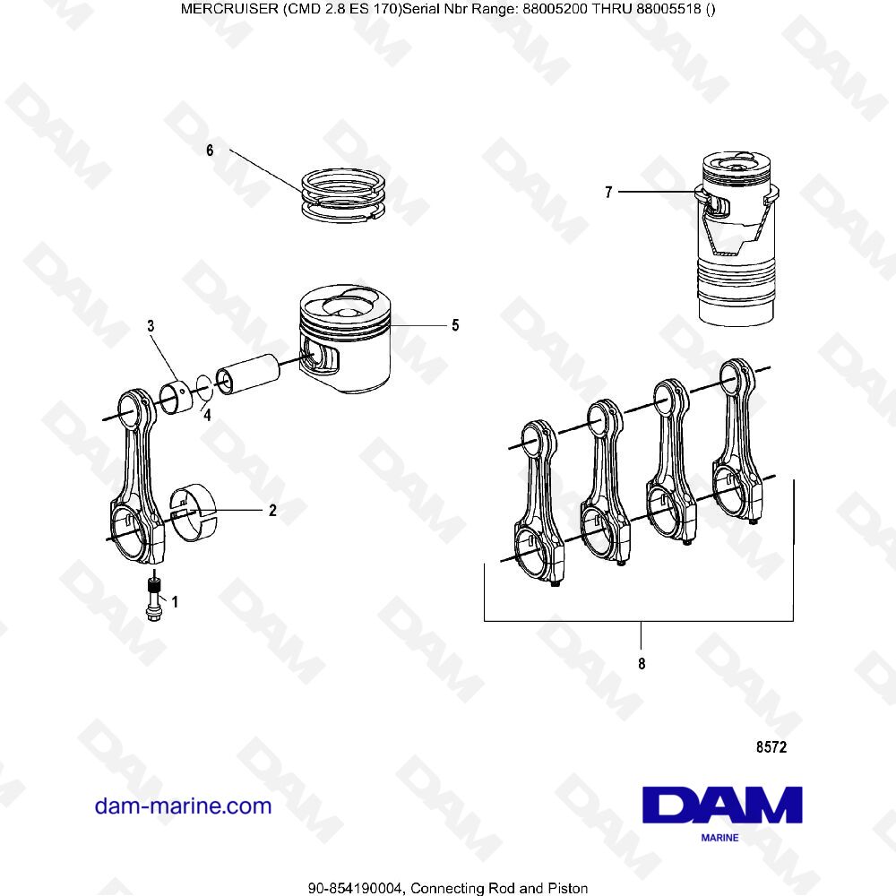 Vue éclatée CONNECTING ROD AND PISTON pour moteur MERCRUISER CMD 2.8 EI 170