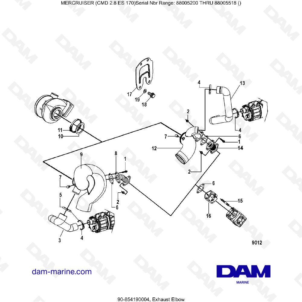 Vue éclatée EXHAUST ELBOW pour moteur MERCRUISER CMD 2.8 EI 170