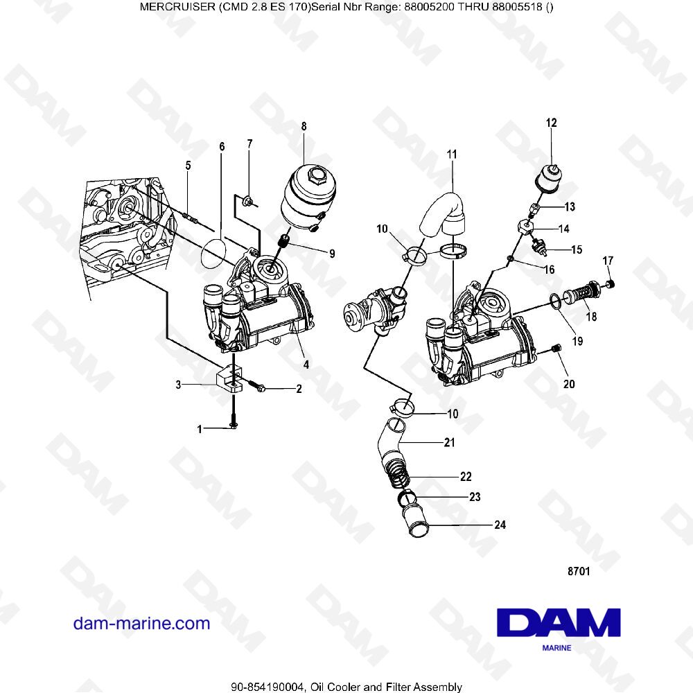 Vue éclatée OIL COOLER AND FILTER ASSEMBLY pour moteur MERCRUISER CMD 2.8 EI 170