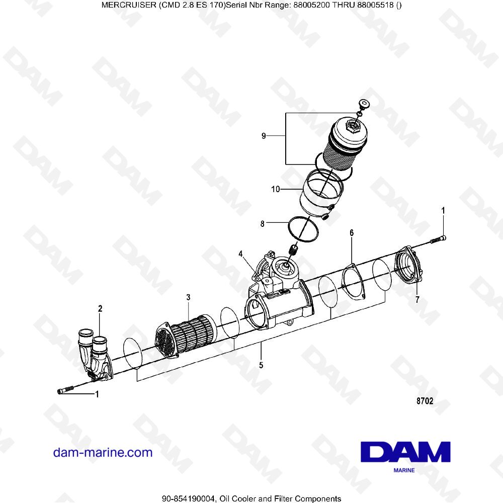 Vue éclatée OIL COOLER AND FILTER COMPONENTS pour moteur MERCRUISER CMD 2.8 EI 170