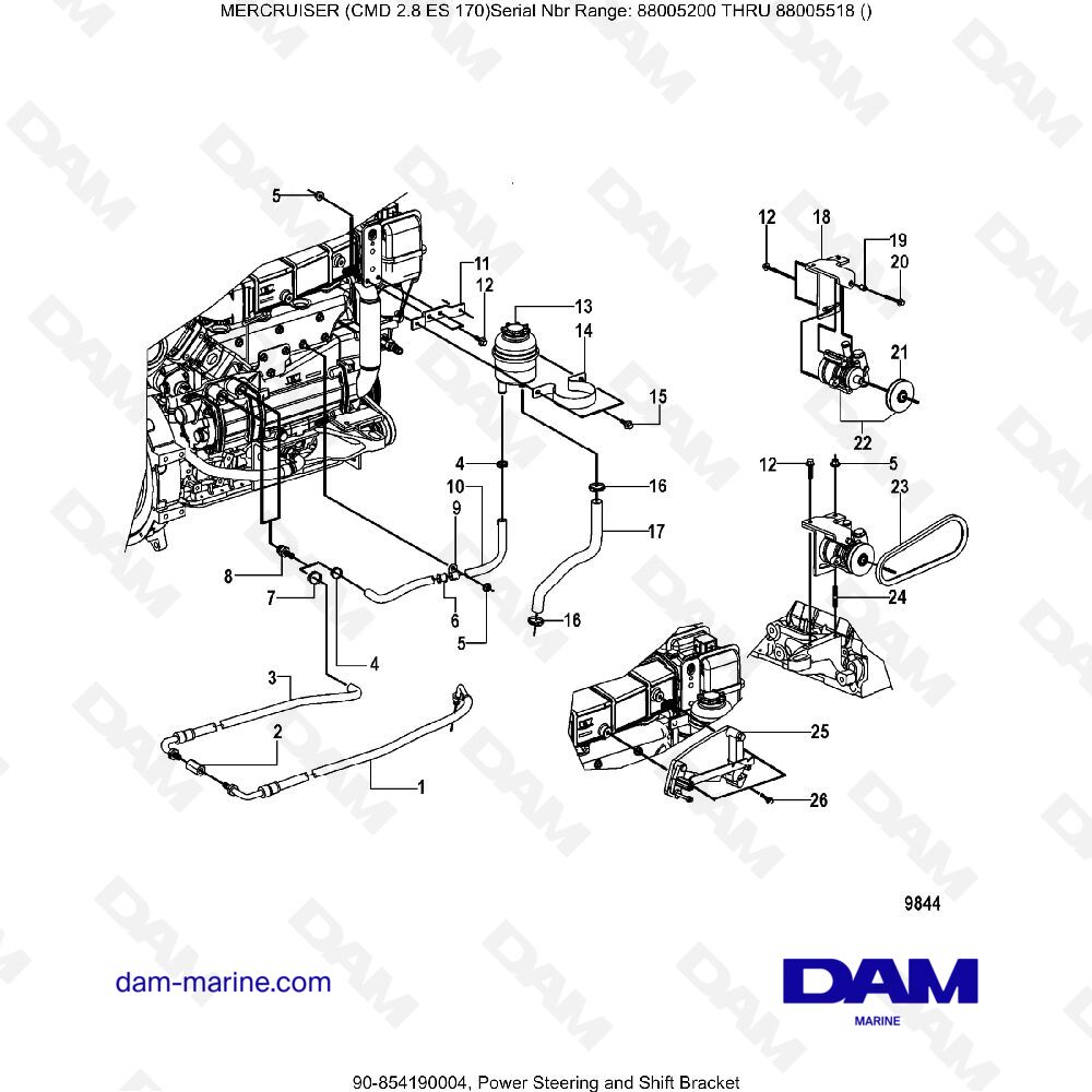 Vue éclatée POWER STEERING AND GEAR SHIFT SUPPORT pour moteur MERCRUISER CMD 2.8 EI 170