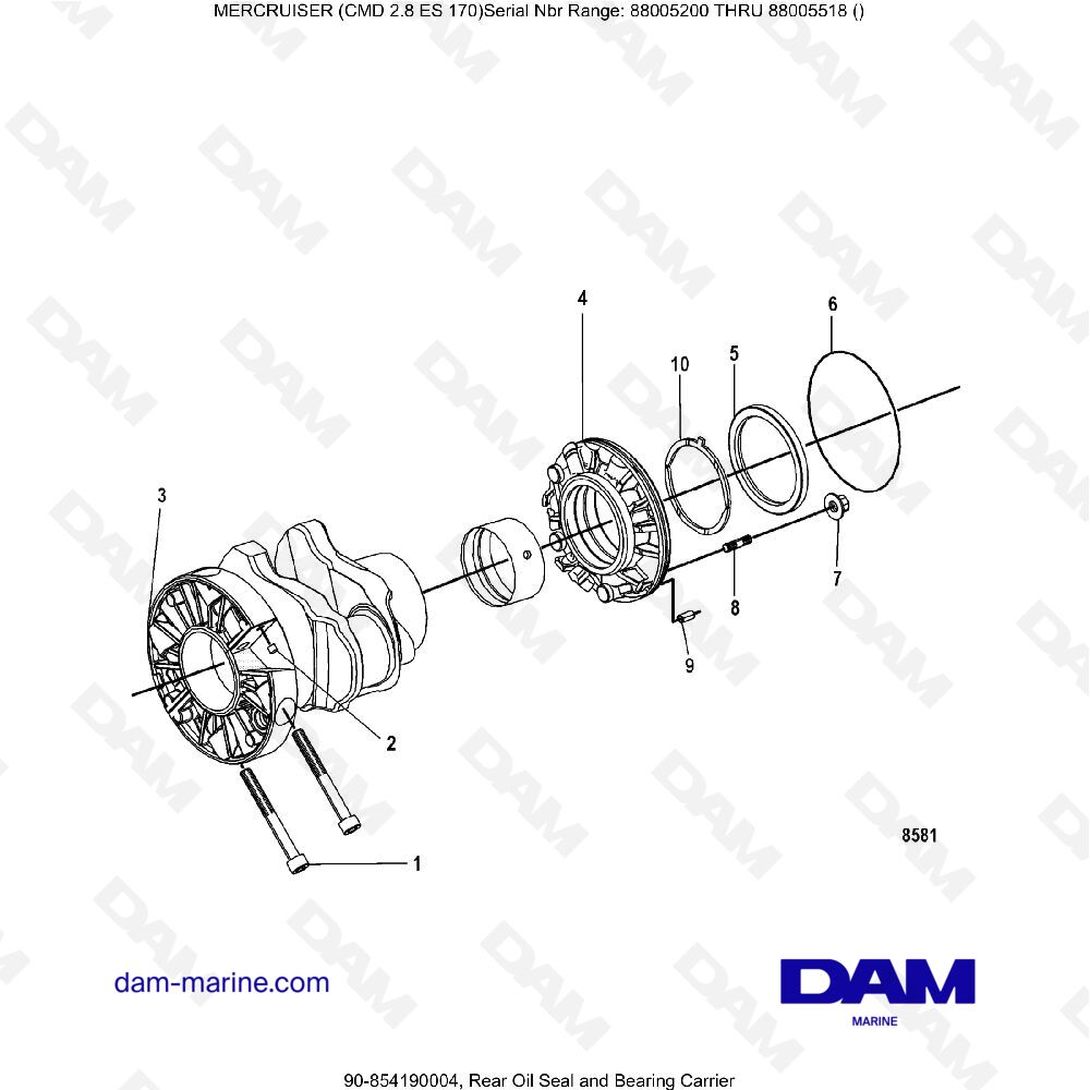 Vue éclatée REAR OIL SEAL AND BEARING SUPPORT pour moteur MERCRUISER CMD 2.8 EI 170