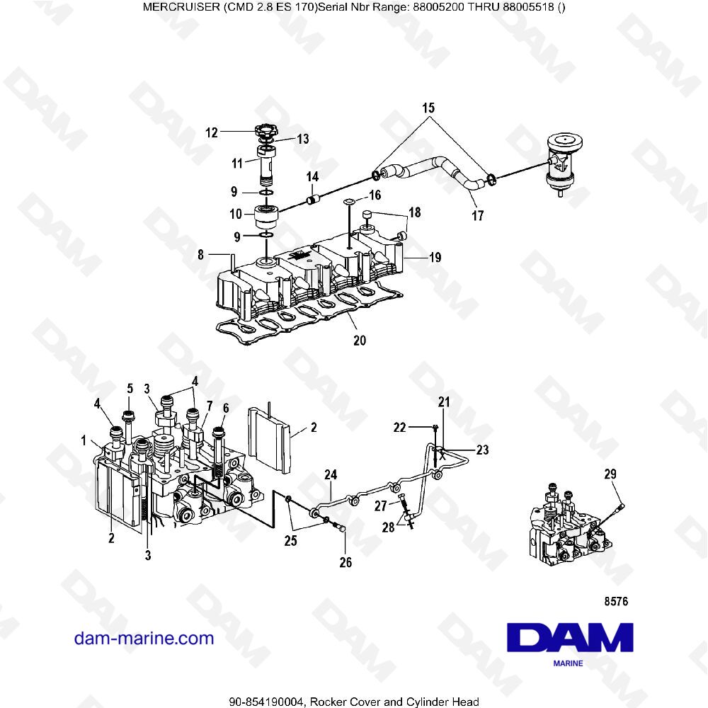 Vue éclatée ROCKER ARM COVER AND CYLINDER HEAD pour moteur MERCRUISER CMD 2.8 EI 170