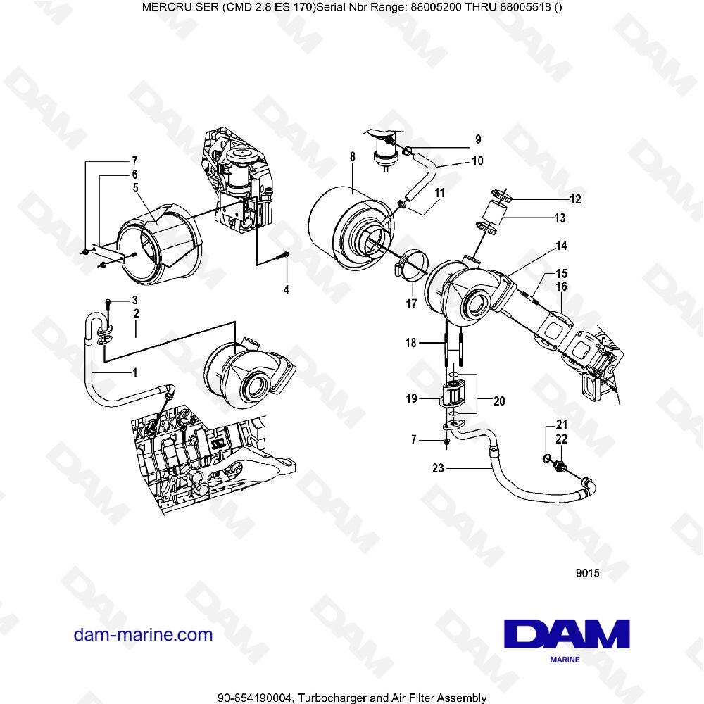 Vue éclatée TURBOCHARGER AND AIR FILTER ASSEMBLY pour moteur MERCRUISER CMD 2.8 EI 170