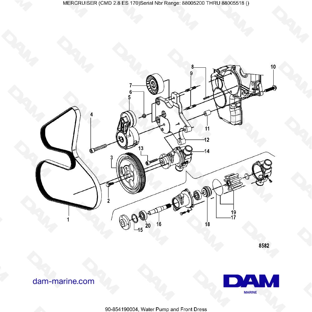 Vue éclatée WATER PUMP AND FRONT SEAT pour moteur MERCRUISER CMD 2.8 EI 170