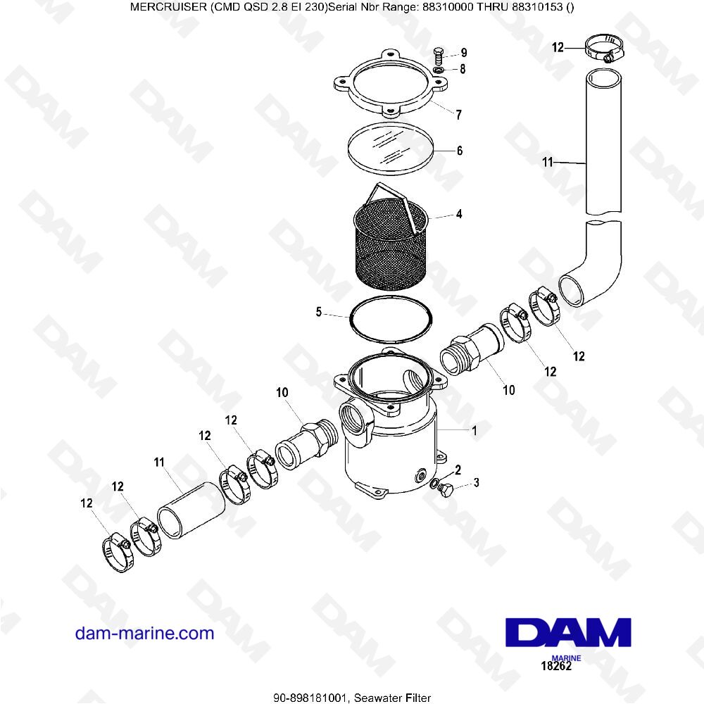 Vue éclatée SEAWATER FILTER => 2.9 DOES NOT EXIST, IT'S 2.8 pour moteur MERCRUISER CMD QSD 2.8 EI 230