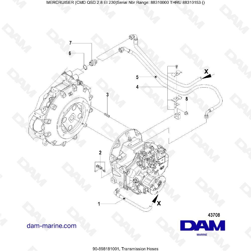 Vue éclatée TRANSMISSION HOSES => 2.9 DOES NOT EXIST, IT'S 2.8 pour moteur MERCRUISER CMD QSD 2.8 EI 230
