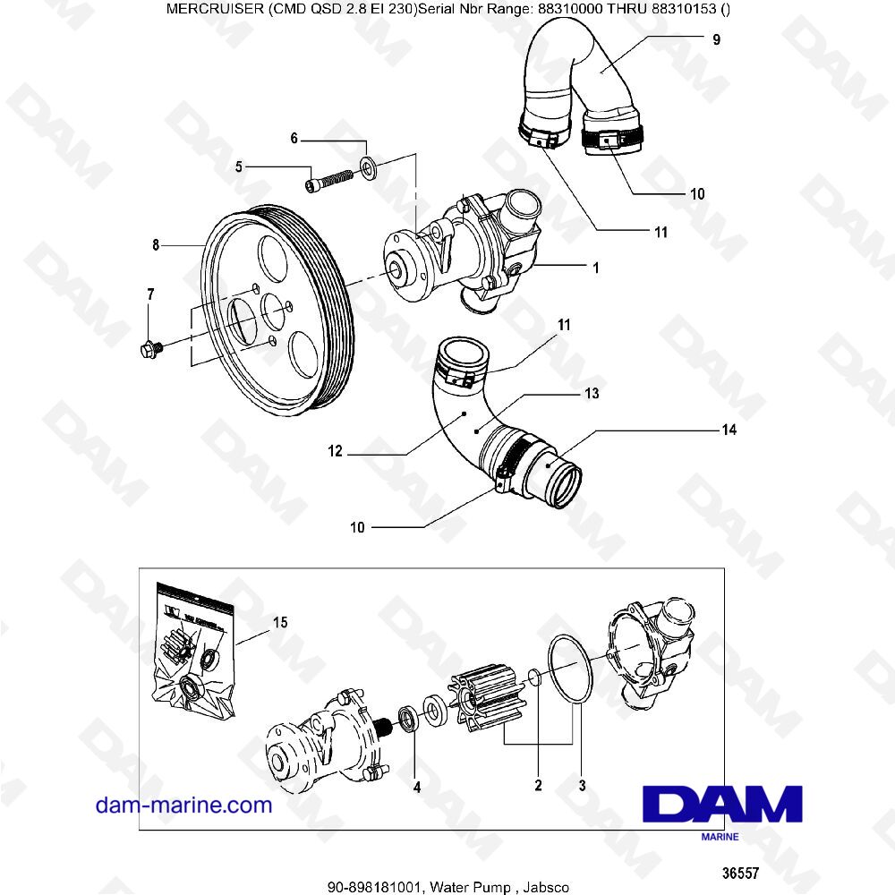 Vue éclatée WATER PUMP, JABSCO => 2.9 DOES NOT EXIST, IT'S 2.8 pour moteur MERCRUISER CMD QSD 2.8 EI 230
