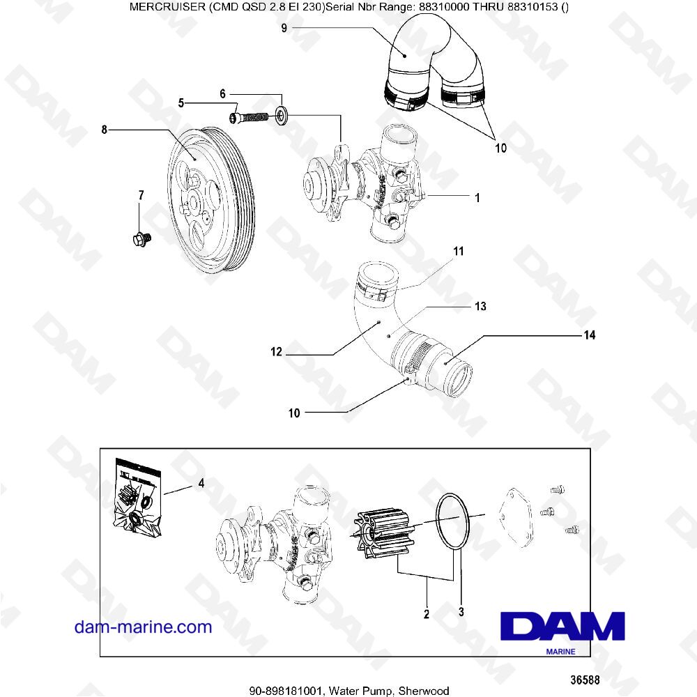 Vue éclatée WATER PUMP, SHERWOOD => 2.9 DOES NOT EXIST, IT'S 2.8 pour moteur MERCRUISER CMD QSD 2.8 EI 230