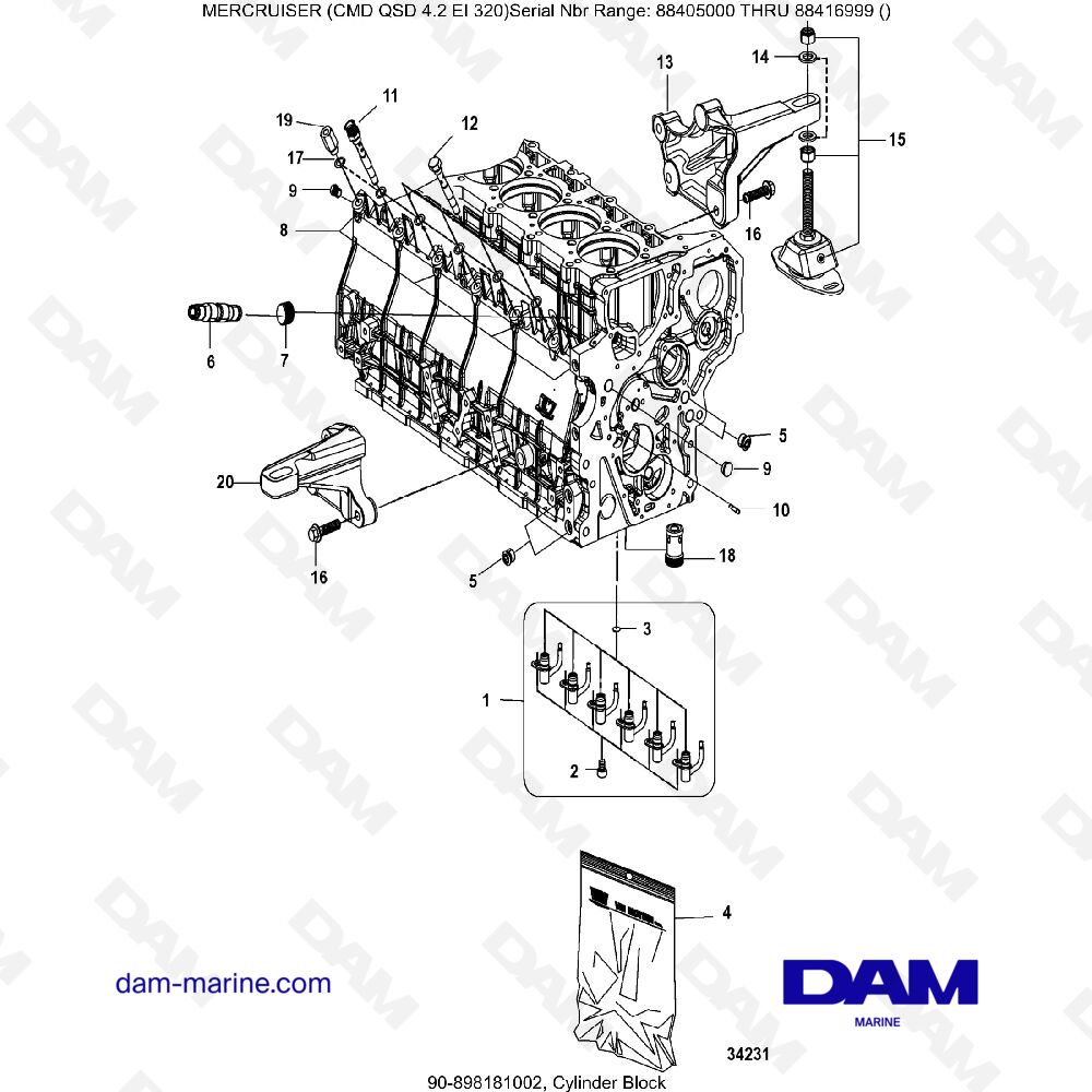 Vue éclatée CYLINDER BLOCK pour moteur MERCRUISER CMD QSD 4.2 EI 320