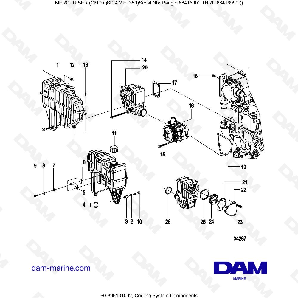 Vue éclatée COOLING SYSTEM COMPONENTS pour moteur MERCRUISER CMD QSD 4.2 EI 350