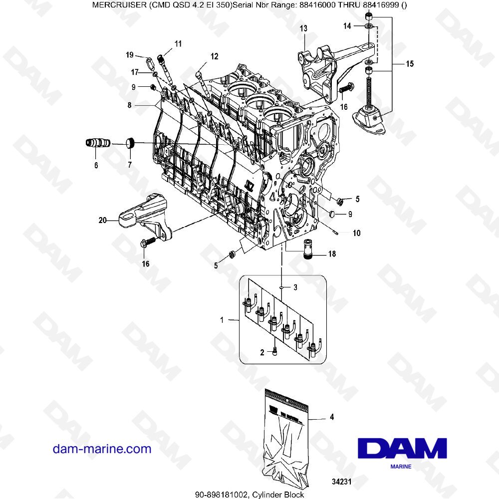 Vue éclatée CYLINDER BLOCK pour moteur MERCRUISER CMD QSD 4.2 EI 350