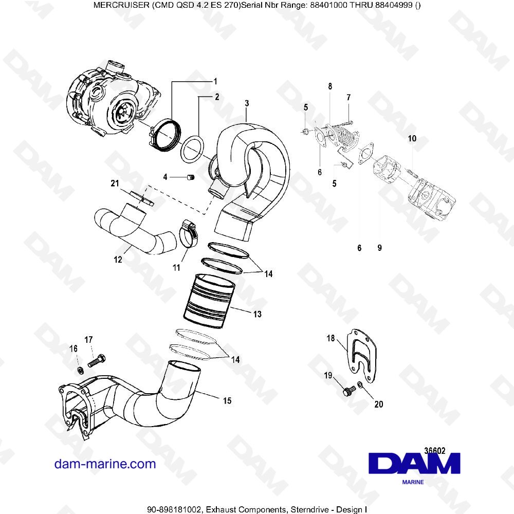 Vue éclatée COMPOSANTS D'ÉCHAPPEMENT (TRANSMISSION ARRIÈRE) pour moteur MERCRUISER CMD QSD 4.2 ES 270