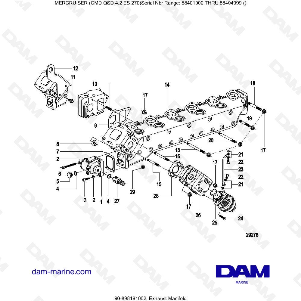 Vue éclatée COLLECTEUR D'ÉCHAPPEMENT pour moteur MERCRUISER CMD QSD 4.2 ES 270