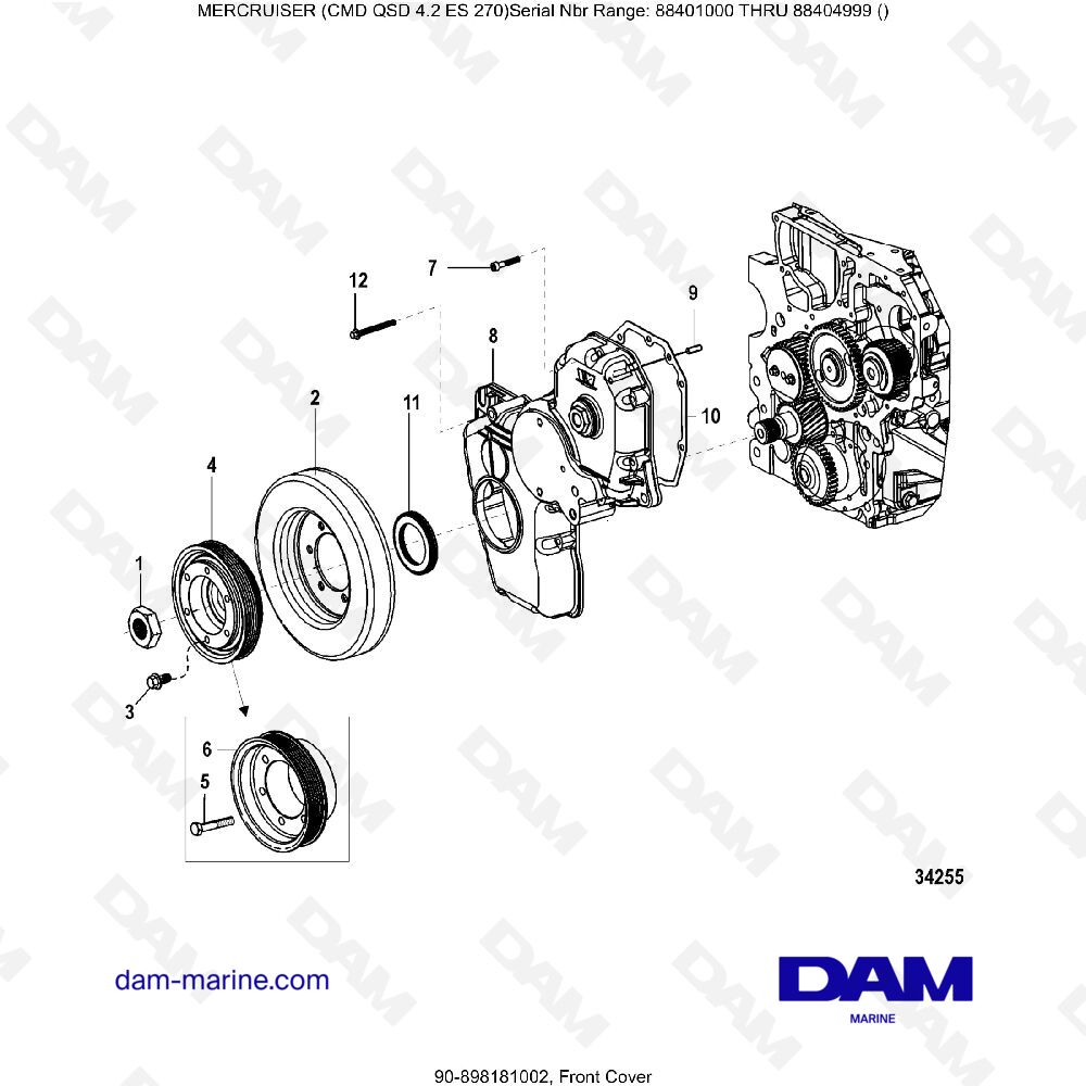 Vue éclatée COUVERTURE AVANT pour moteur MERCRUISER CMD QSD 4.2 ES 270