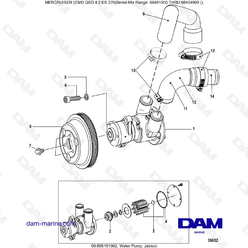 Vue éclatée POMPE À EAU JABSCO pour moteur MERCRUISER CMD QSD 4.2 ES 270