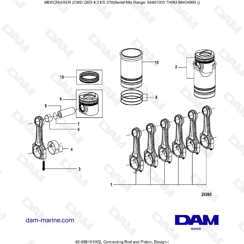 Vue éclatée BIELLE ET PISTON (1) pour moteur MERCRUISER CMD QSD 4.2 ES 270