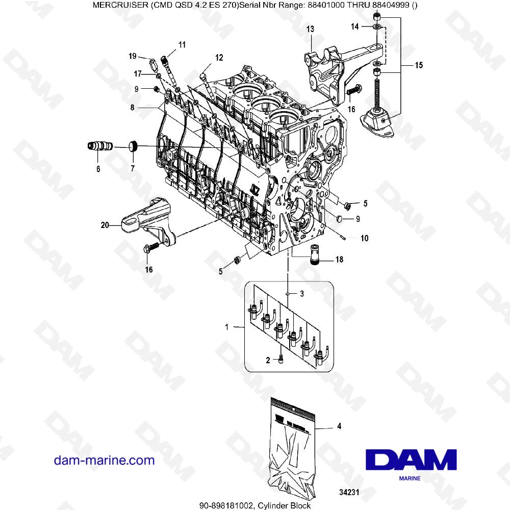 Vue éclatée BLOC-CYLINDRES pour moteur MERCRUISER CMD QSD 4.2 ES 270