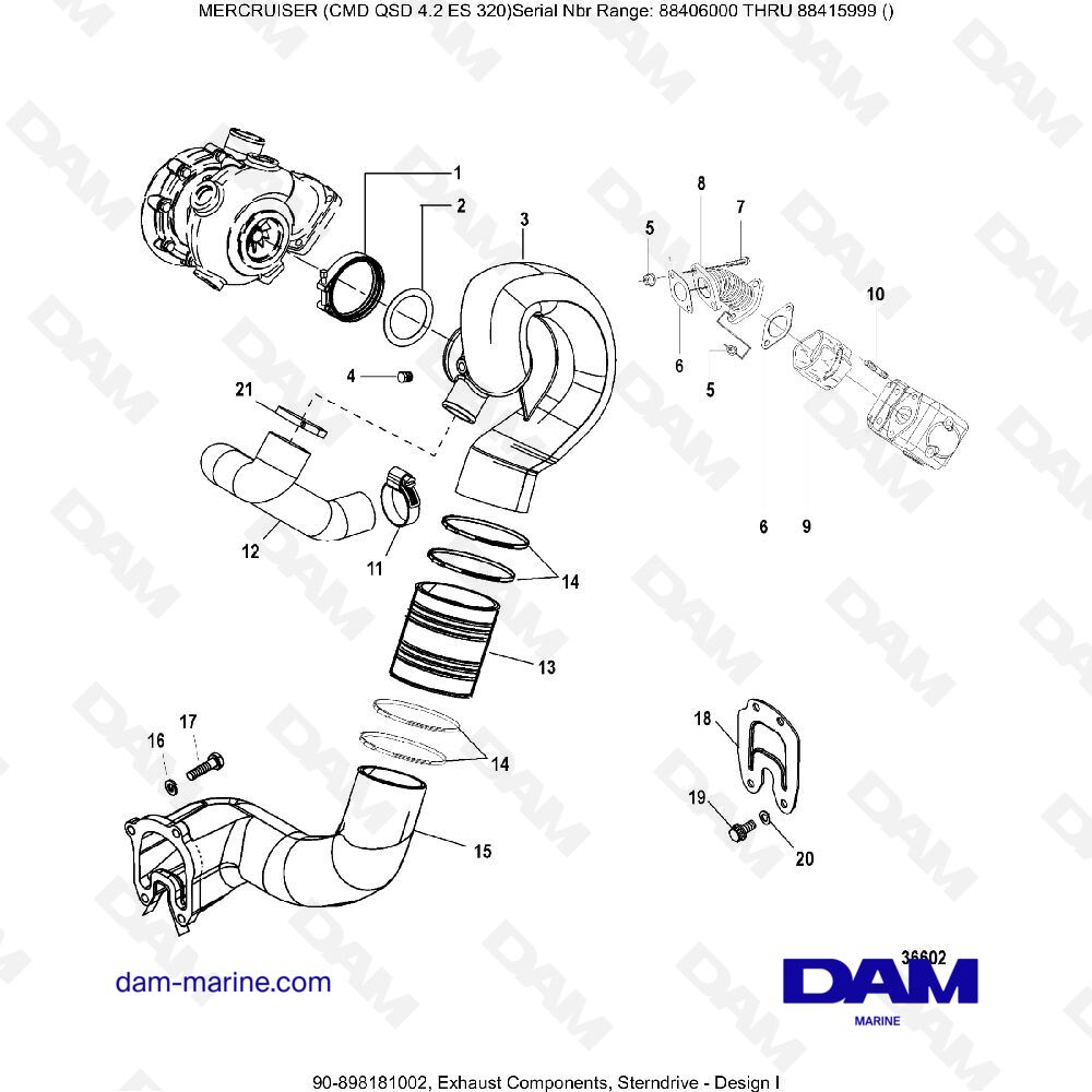 Vue éclatée EXHAUST COMPONENTS (REAR TRANSMISSION) (1) pour moteur MERCRUISER CMD QSD 4.2 ES 320