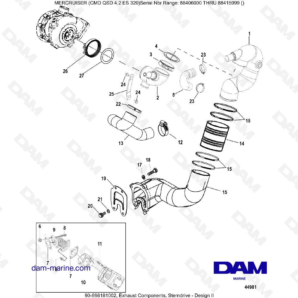 Vue éclatée EXHAUST COMPONENTS TRANSMISSION (2) pour moteur MERCRUISER CMD QSD 4.2 ES 320