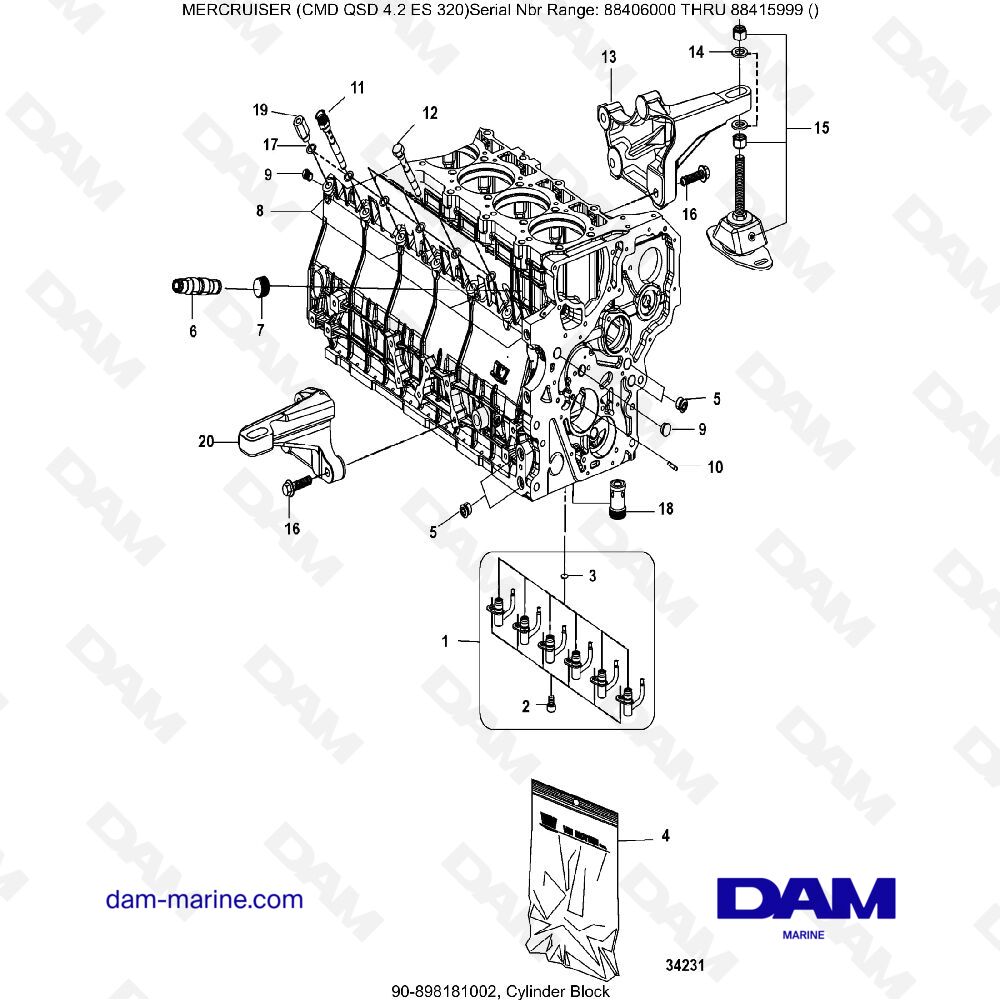 Vue éclatée CYLINDER BLOCK pour moteur MERCRUISER CMD QSD 4.2 ES 320
