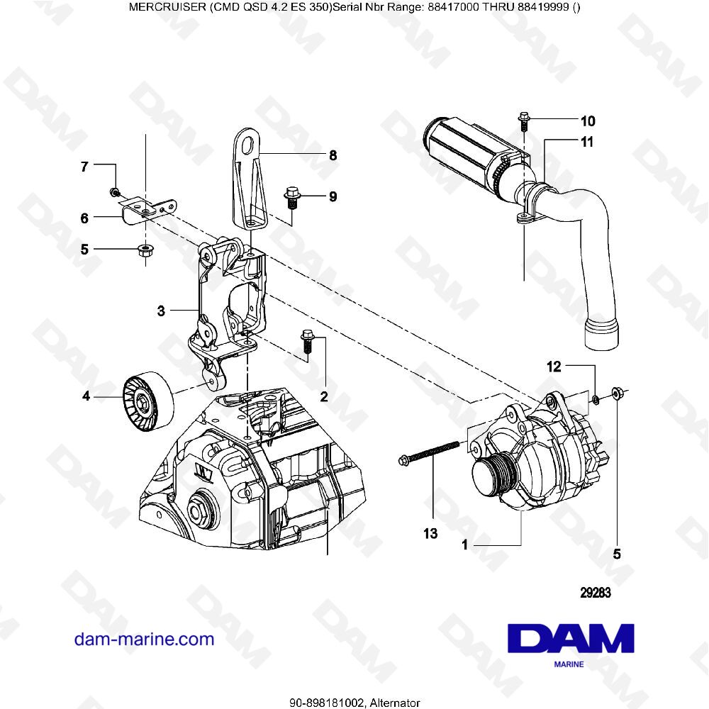 Vue éclatée ALTERNATORE pour moteur MERCRUISER CMD QSD 4.2 ES 350