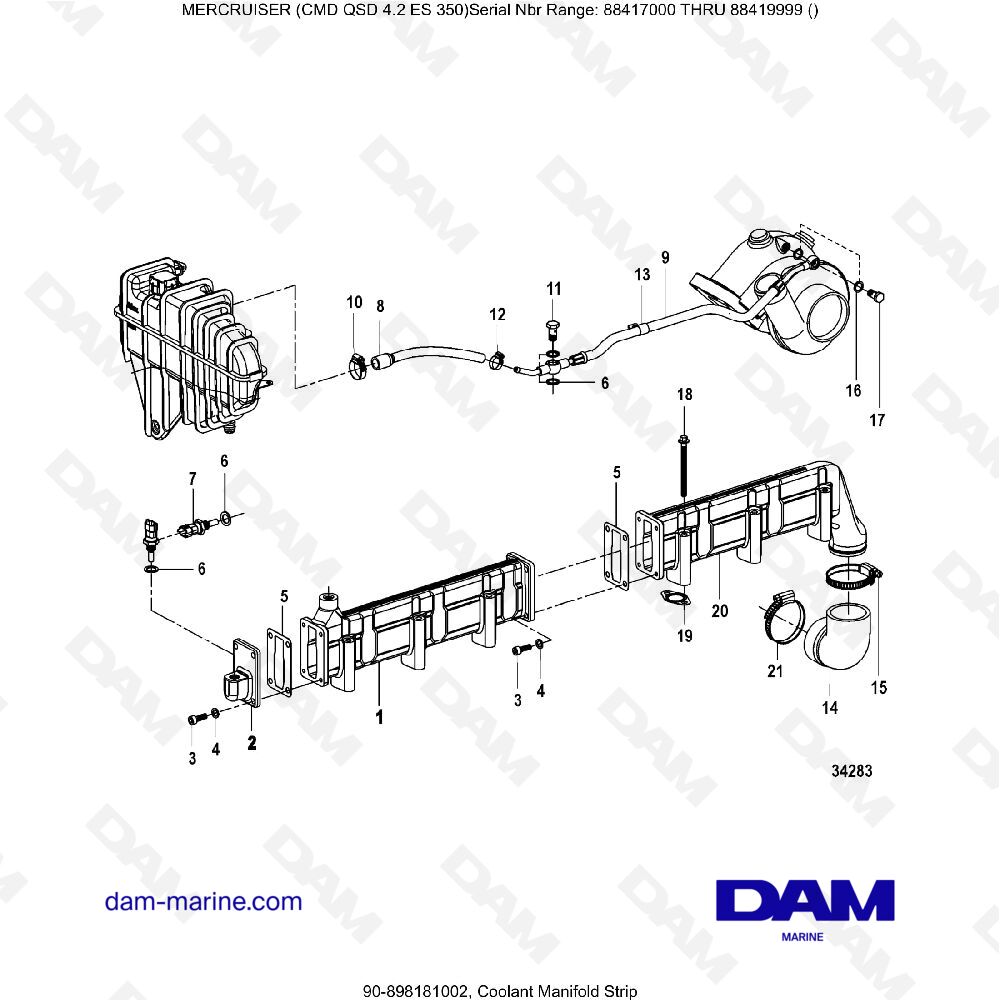 Vue éclatée STRISCIA COLLETTORE DEL REFRIGERANTE pour moteur MERCRUISER CMD QSD 4.2 ES 350