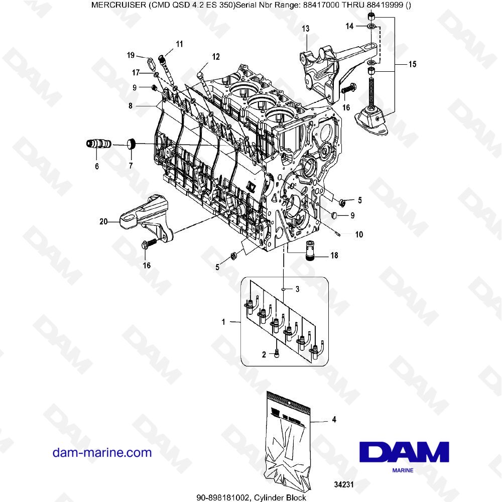 Vue éclatée BLOCCO CILINDRI pour moteur MERCRUISER CMD QSD 4.2 ES 350