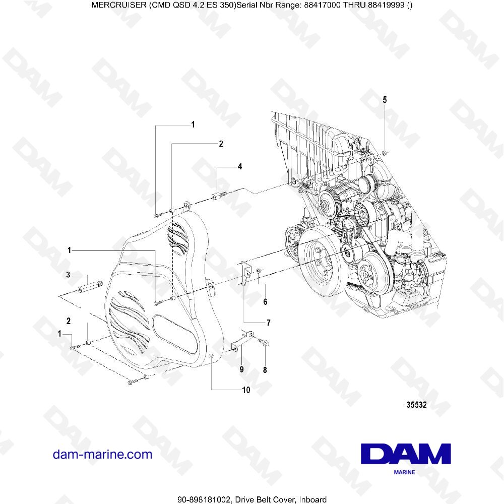 Vue éclatée COPERCHIO CINGHIA DI TRASMISSIONE, INTERNO pour moteur MERCRUISER CMD QSD 4.2 ES 350