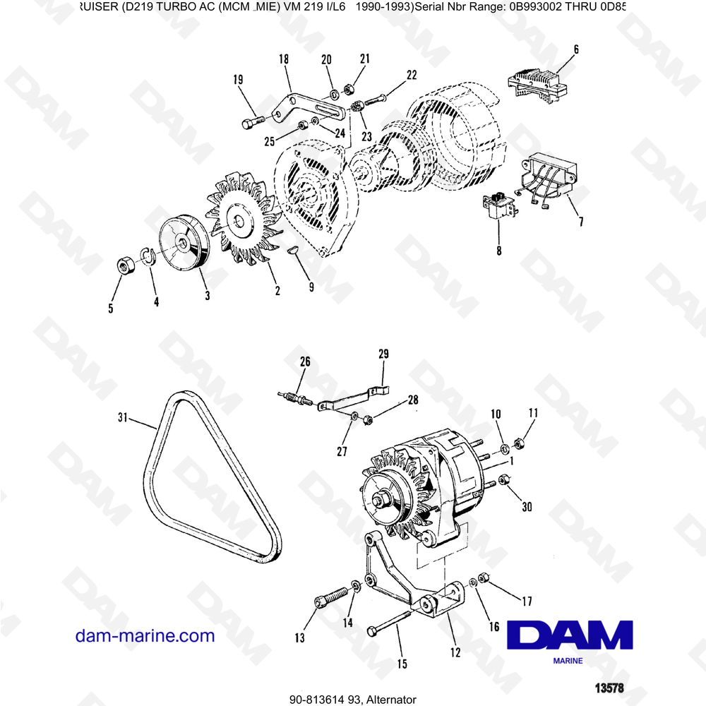 Vue éclatée ALTERNATOR pour moteur Mercruiser D219 TURBO AC