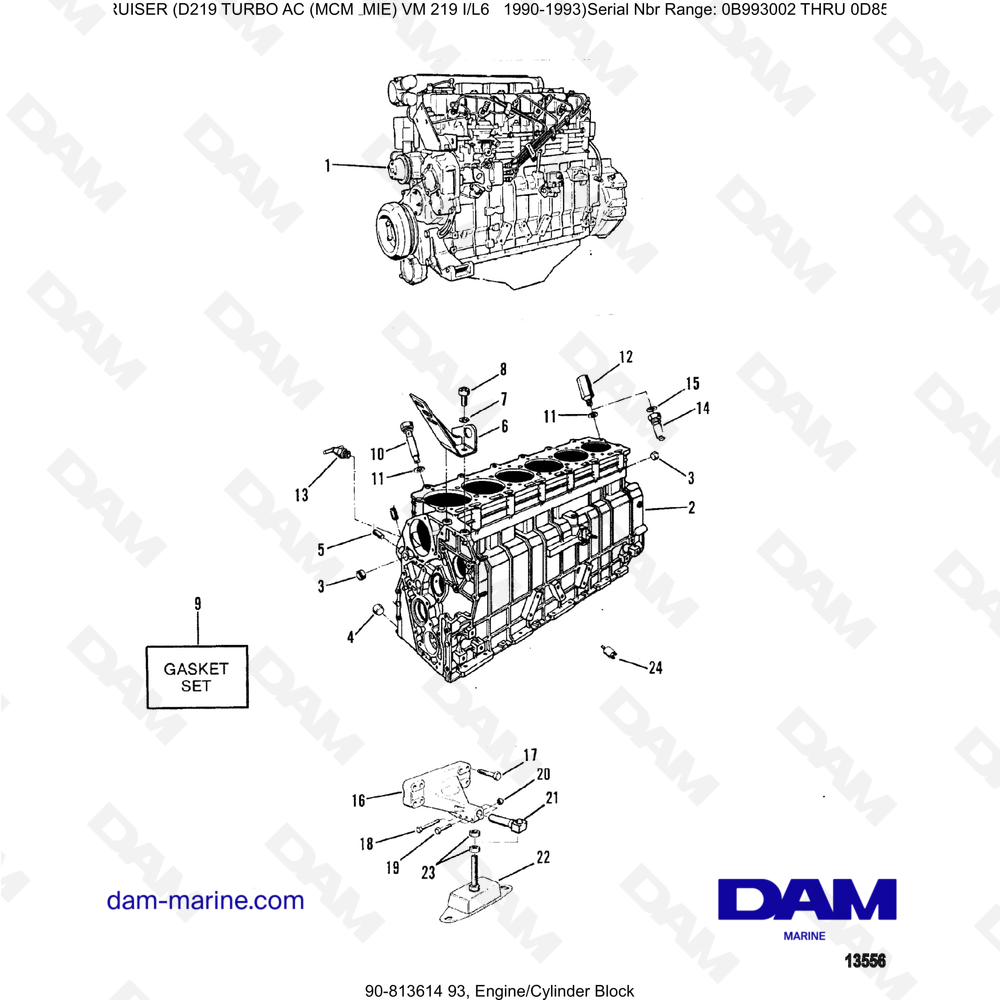 Vue éclatée ENGINE BLOCK AND CYLINDERS pour moteur Mercruiser D219 TURBO AC