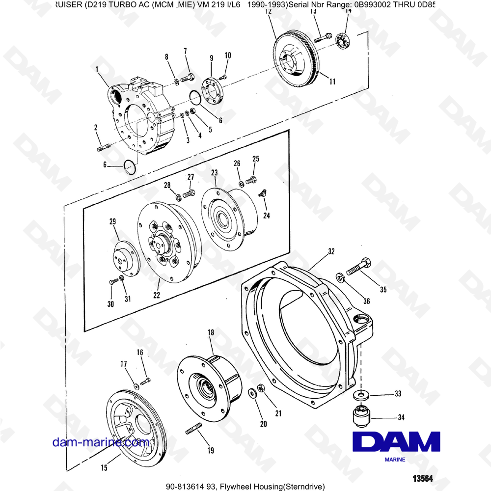 Vue éclatée FLYWHEEL HOUSING (OFF-OUT DRIVE) pour moteur Mercruiser D219 TURBO AC