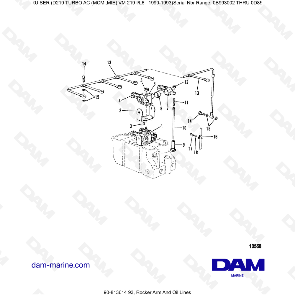 Vue éclatée ROCKER JOINT AND OIL LINES pour moteur Mercruiser D219 TURBO AC
