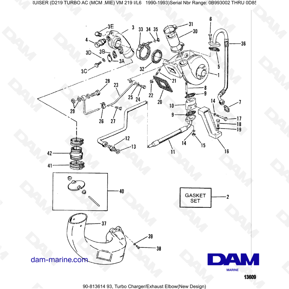 Vue éclatée TURBOCHARGER / EXHAUST ELBOW pour moteur Mercruiser D219 TURBO AC