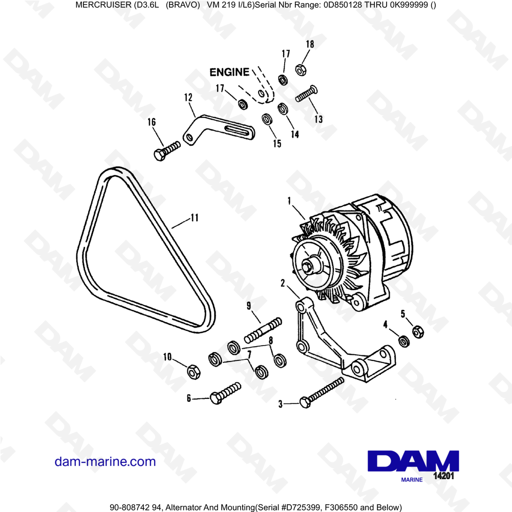 Vue éclatée ALTERNADOR Y MONTAJE pour moteur Mercruiser D3.6L (Bravo)
