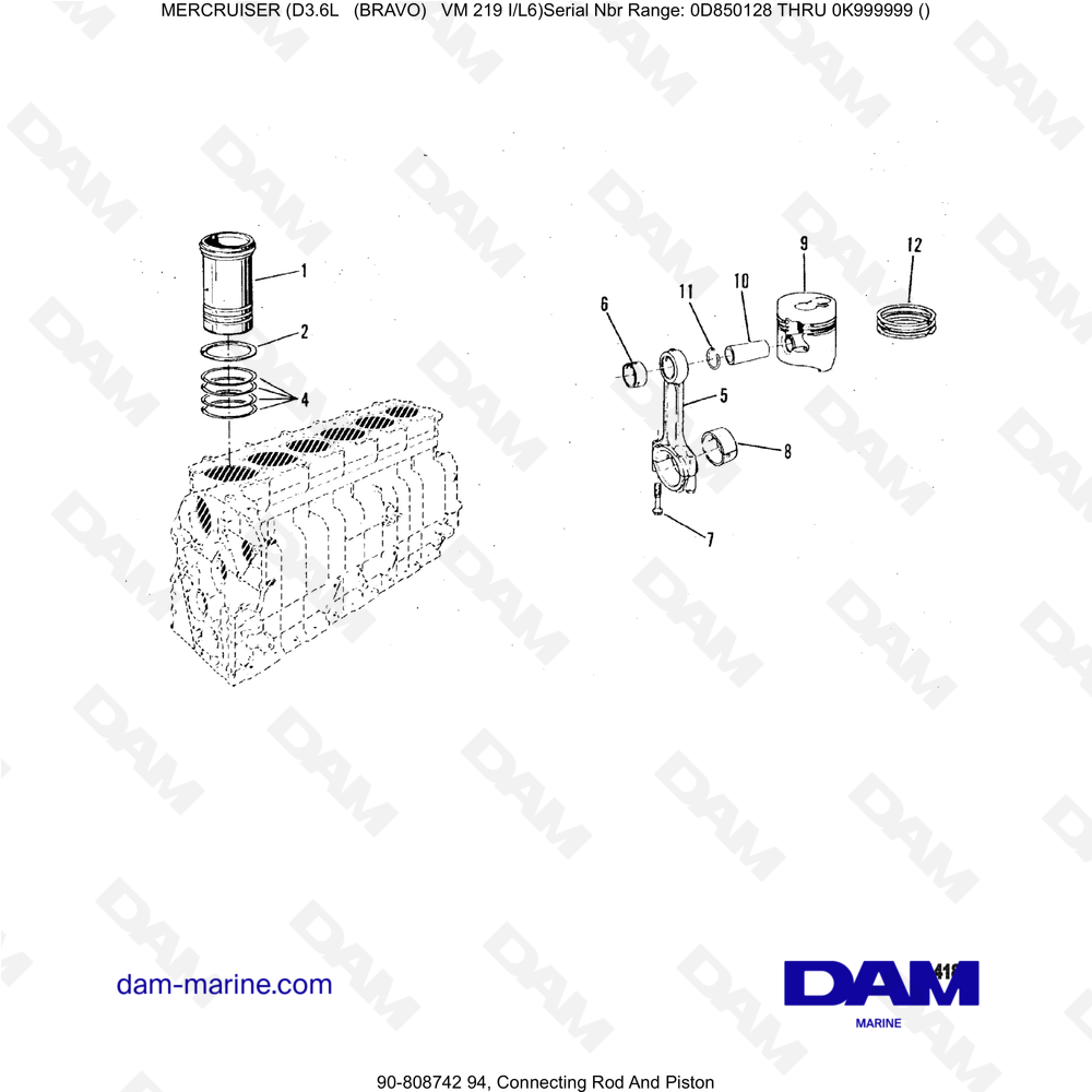 Vue éclatée BIELA ​​Y PISTÓN pour moteur Mercruiser D3.6L (Bravo)