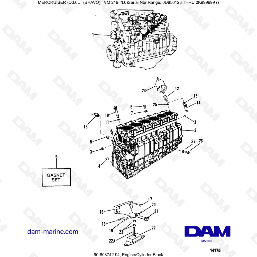 Vue éclatée MOTOR Y BLOQUE DE CILINDROS pour moteur Mercruiser D3.6L (Bravo)