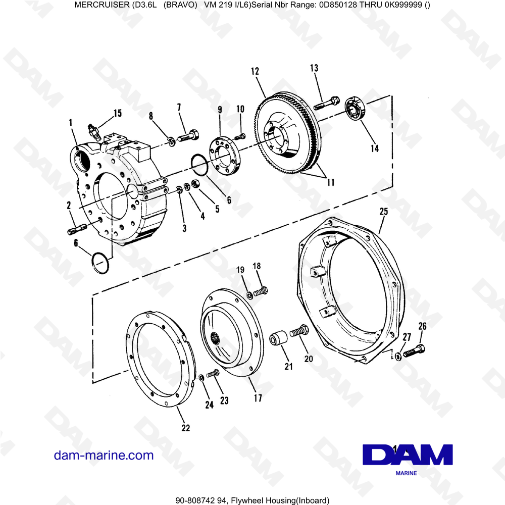 Vue éclatée VOLANTE DE MOTOR (INTRABORDA) pour moteur Mercruiser D3.6L (Bravo)