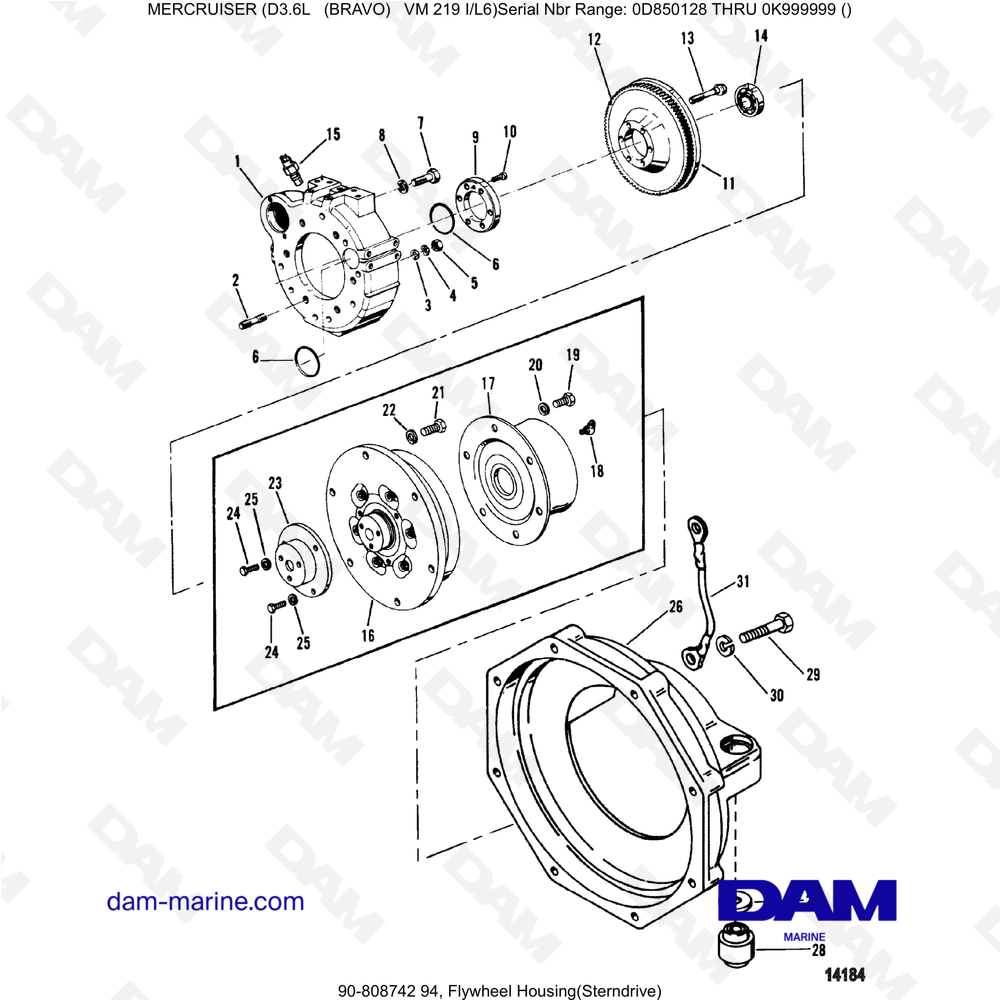Vue éclatée CARCASA DEL VOLANTE (CORRETA) pour moteur Mercruiser D3.6L (Bravo)