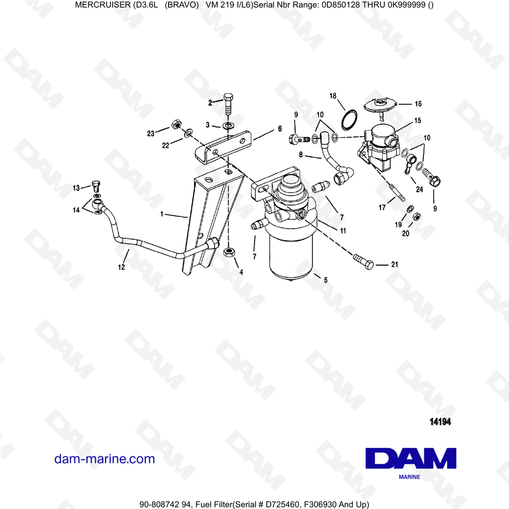 Vue éclatée FILTRO DE COMBUSTIBLE (2) pour moteur Mercruiser D3.6L (Bravo)