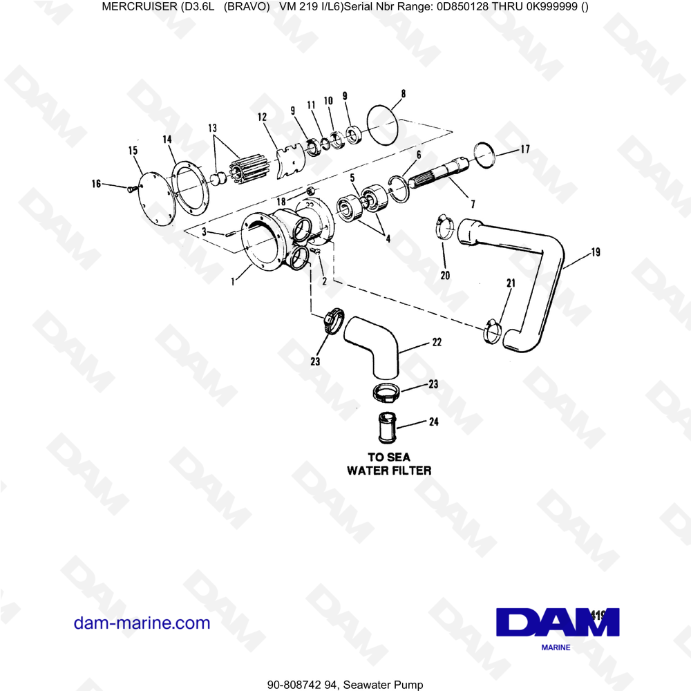 Vue éclatée BOMBA DE AGUA DE MAR pour moteur Mercruiser D3.6L (Bravo)
