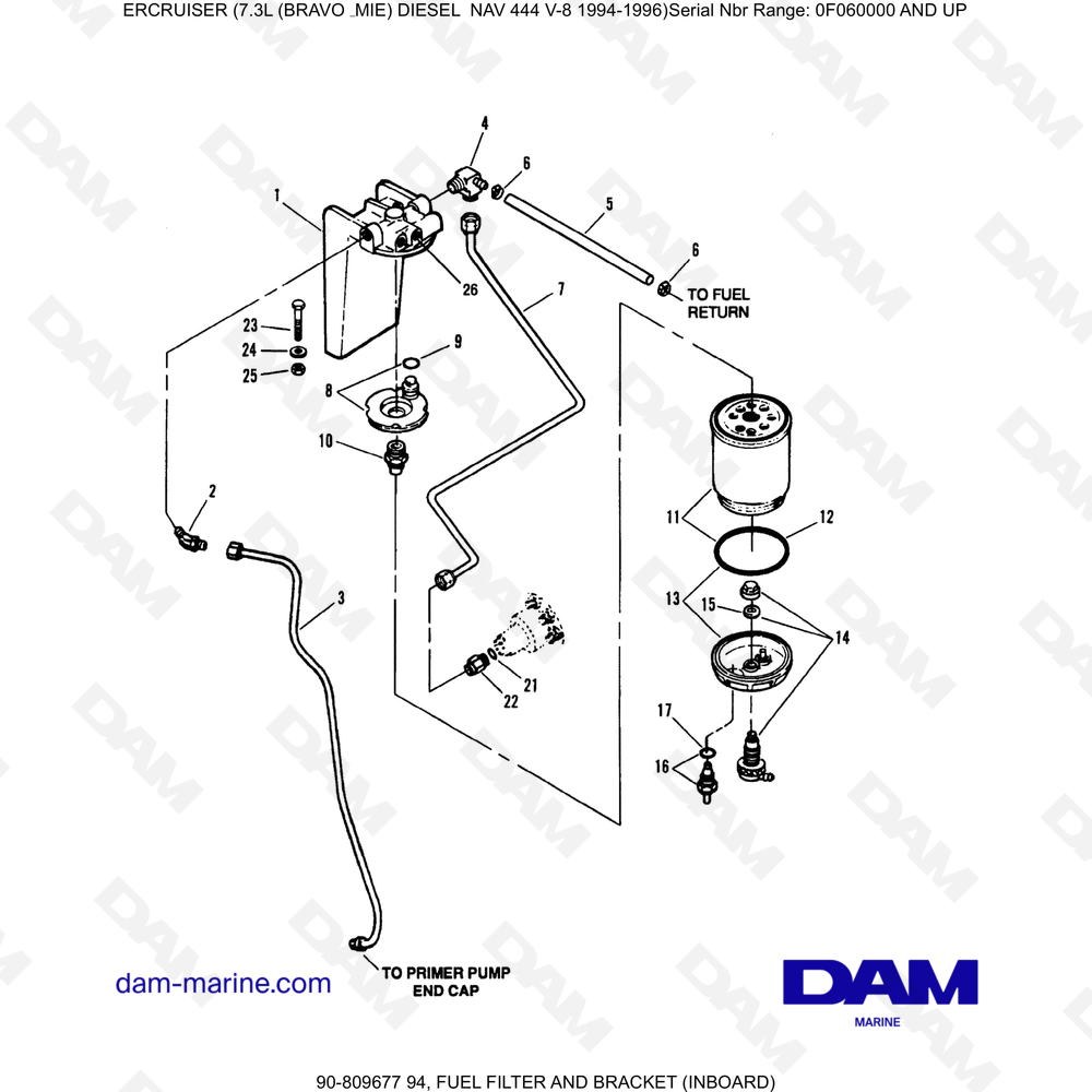 Vue éclatée FUEL FILTER AND HOLDER (INTERIOR) pour moteur Mercruiser 7.3L NAV 444