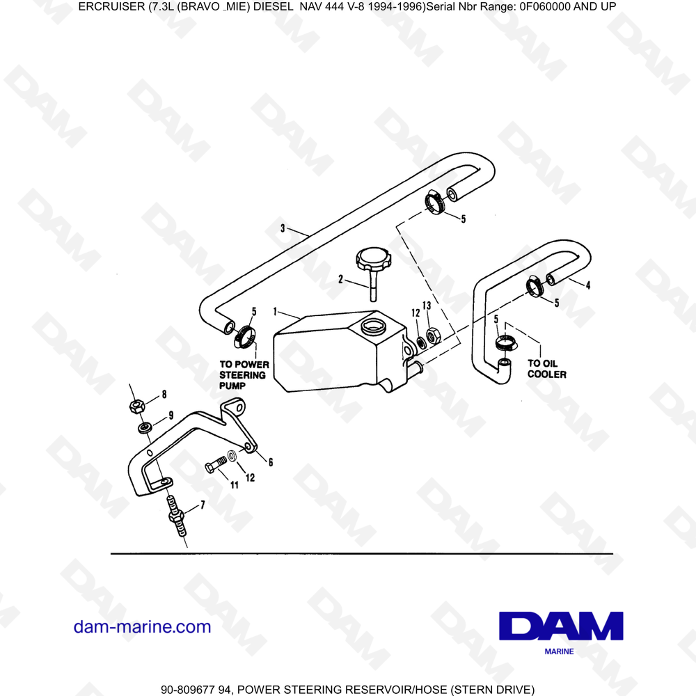 Vue éclatée POWER STEERING RESERVOIR/HOSE (OFF-HAND DRIVE) pour moteur Mercruiser 7.3L NAV 444