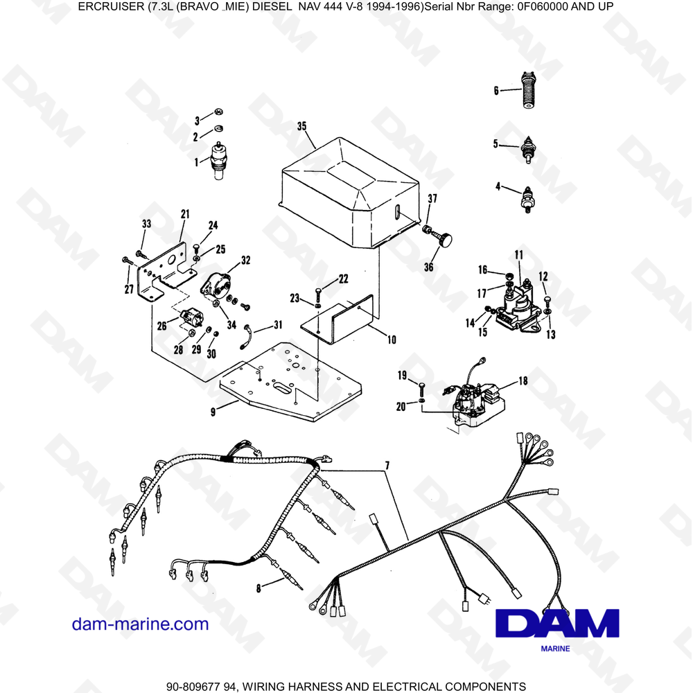 Vue éclatée WIRING HARNESS AND ELECTRICAL COMPONENTS pour moteur Mercruiser 7.3L NAV 444
