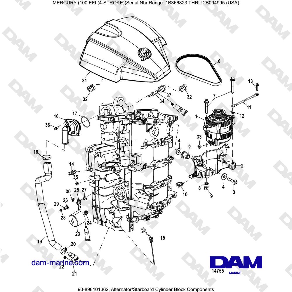Vue éclatée COMPOSANTS DU BLOC-CYLINDRES TRIBORD DE L'ALTERNATEUR pour moteur Mercruiser EFI 100 (4-STROKE)