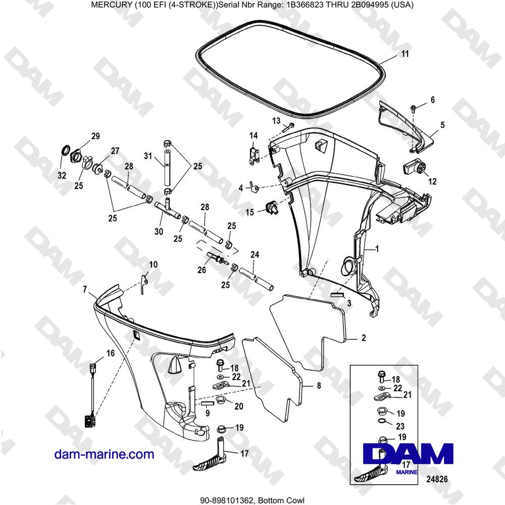 Vue éclatée CAPOT INFÉRIEUR pour moteur Mercruiser EFI 100 (4-STROKE)